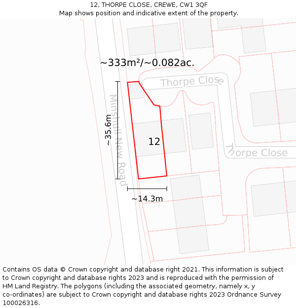 12, THORPE CLOSE, CREWE, CW1 3QF: Plot and title map