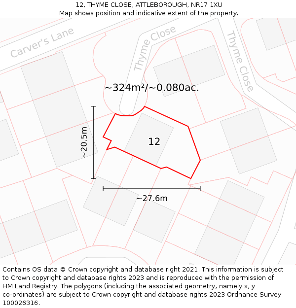 12, THYME CLOSE, ATTLEBOROUGH, NR17 1XU: Plot and title map
