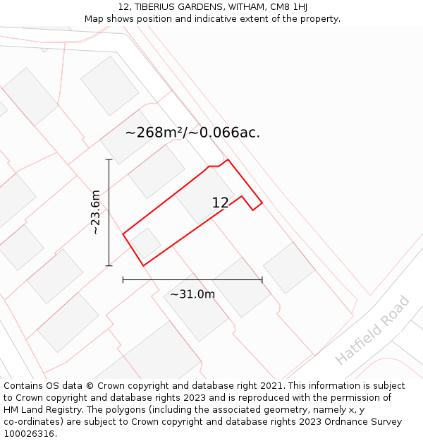 12, TIBERIUS GARDENS, WITHAM, CM8 1HJ: Plot and title map