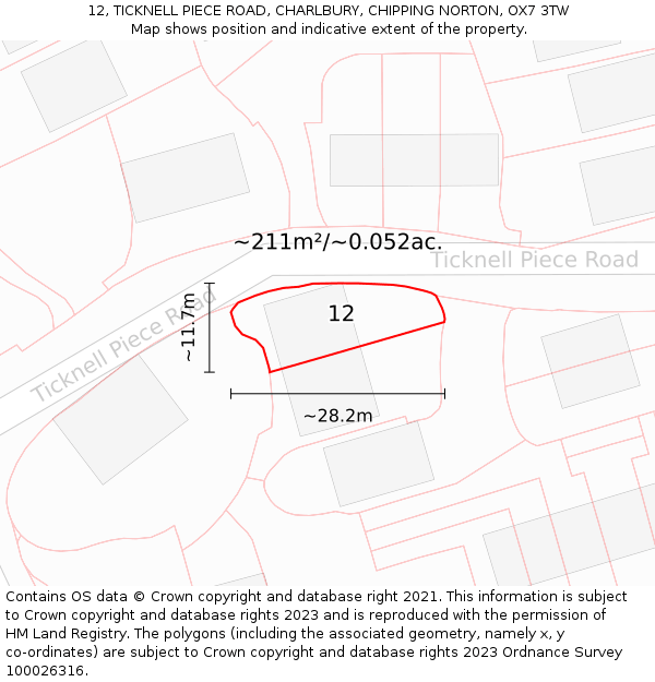 12, TICKNELL PIECE ROAD, CHARLBURY, CHIPPING NORTON, OX7 3TW: Plot and title map