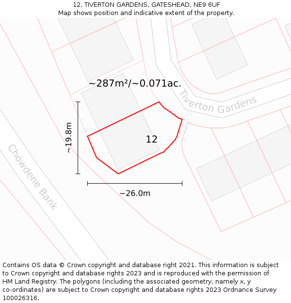 12, TIVERTON GARDENS, GATESHEAD, NE9 6UF: Plot and title map