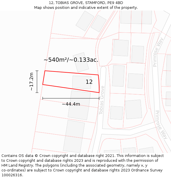 12, TOBIAS GROVE, STAMFORD, PE9 4BD: Plot and title map