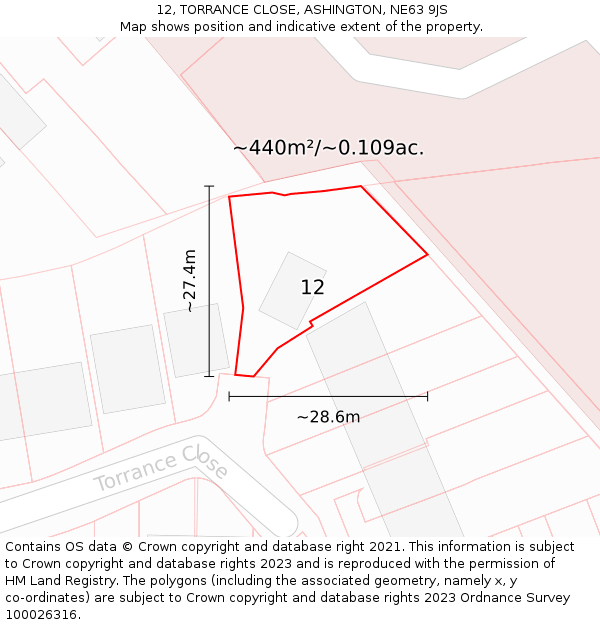 12, TORRANCE CLOSE, ASHINGTON, NE63 9JS: Plot and title map