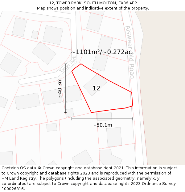 12, TOWER PARK, SOUTH MOLTON, EX36 4EP: Plot and title map