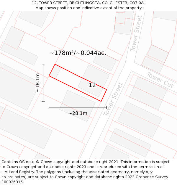 12, TOWER STREET, BRIGHTLINGSEA, COLCHESTER, CO7 0AL: Plot and title map