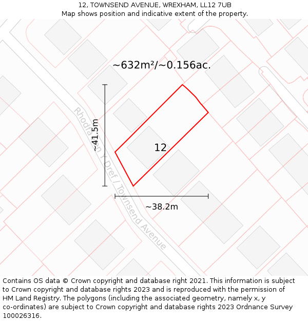 12, TOWNSEND AVENUE, WREXHAM, LL12 7UB: Plot and title map