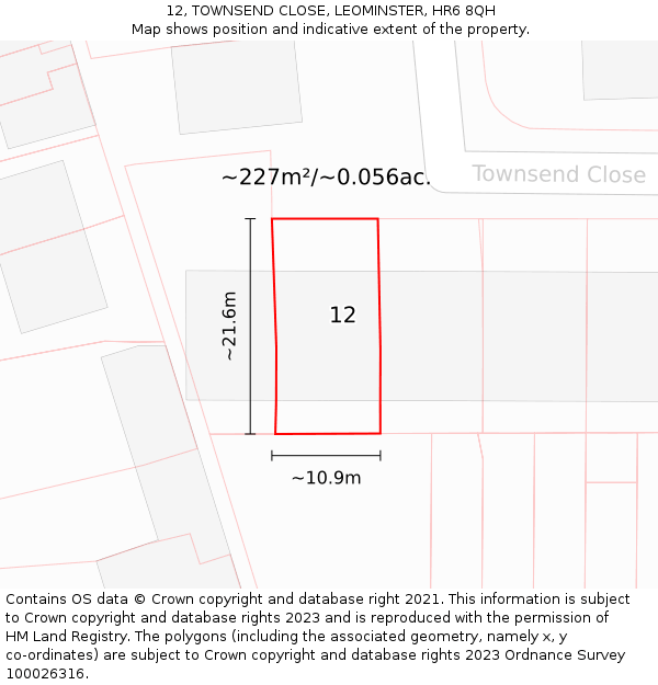 12, TOWNSEND CLOSE, LEOMINSTER, HR6 8QH: Plot and title map