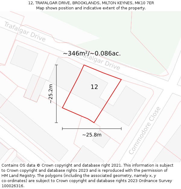 12, TRAFALGAR DRIVE, BROOKLANDS, MILTON KEYNES, MK10 7ER: Plot and title map