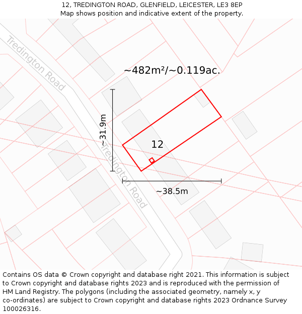 12, TREDINGTON ROAD, GLENFIELD, LEICESTER, LE3 8EP: Plot and title map