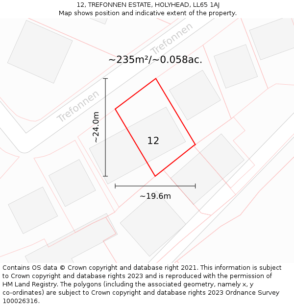 12, TREFONNEN ESTATE, HOLYHEAD, LL65 1AJ: Plot and title map