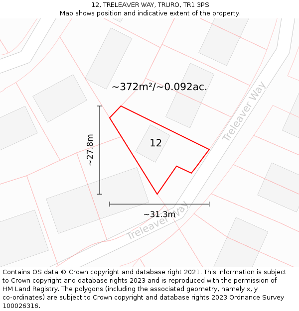12, TRELEAVER WAY, TRURO, TR1 3PS: Plot and title map
