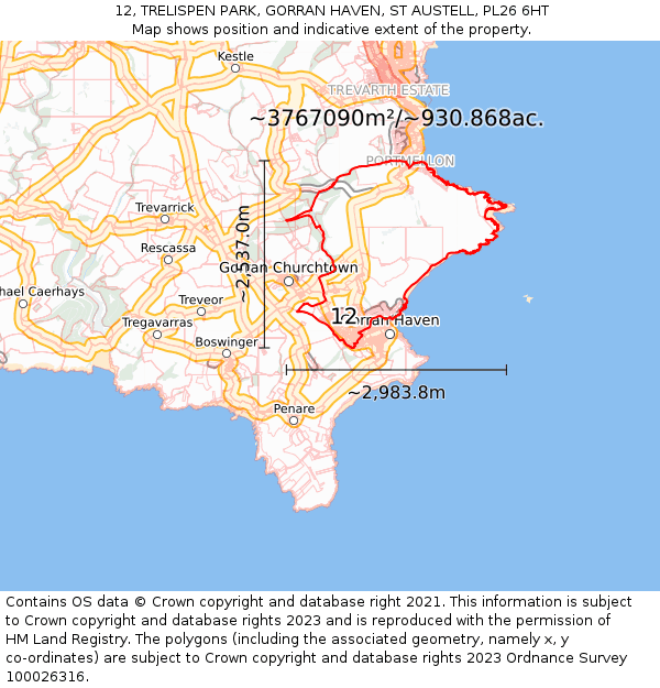 12, TRELISPEN PARK, GORRAN HAVEN, ST AUSTELL, PL26 6HT: Plot and title map