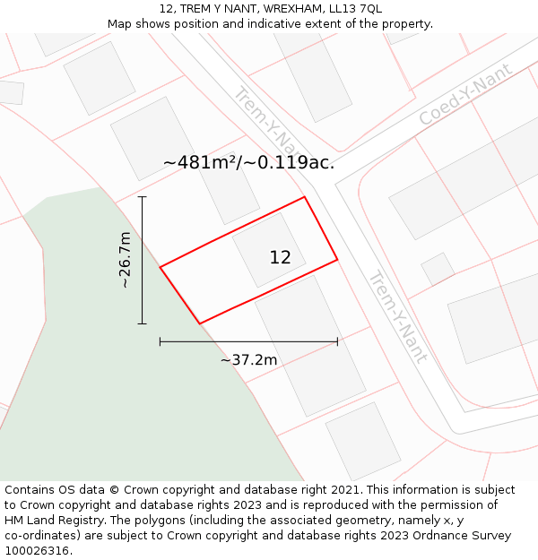 12, TREM Y NANT, WREXHAM, LL13 7QL: Plot and title map