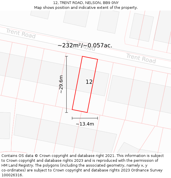 12, TRENT ROAD, NELSON, BB9 0NY: Plot and title map