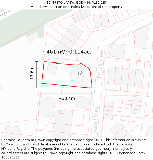 12, TRETOIL VIEW, BODMIN, PL31 1BX: Plot and title map