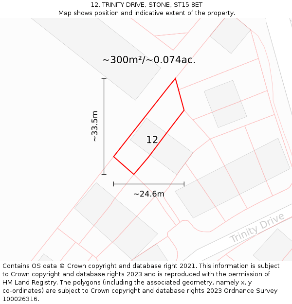 12, TRINITY DRIVE, STONE, ST15 8ET: Plot and title map