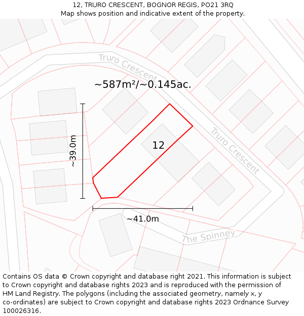 12, TRURO CRESCENT, BOGNOR REGIS, PO21 3RQ: Plot and title map