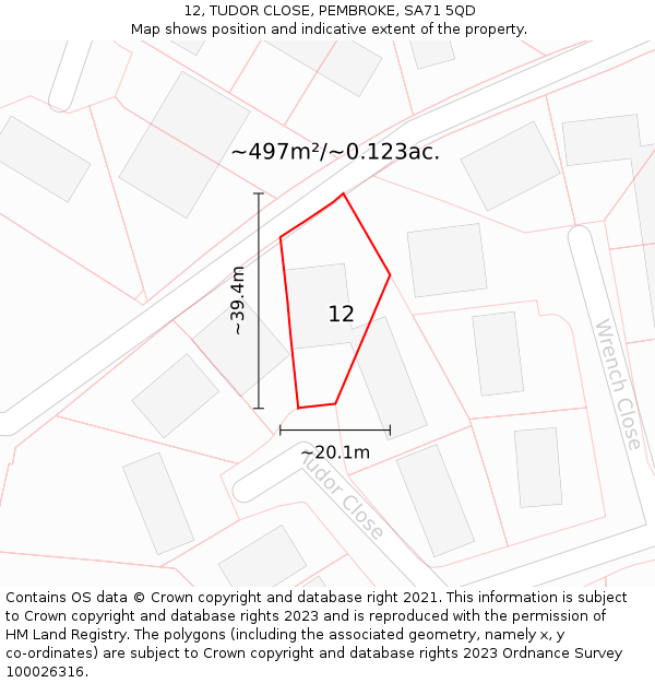 12, TUDOR CLOSE, PEMBROKE, SA71 5QD: Plot and title map