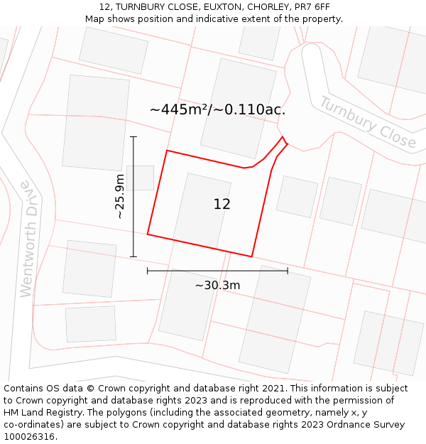 12, TURNBURY CLOSE, EUXTON, CHORLEY, PR7 6FF: Plot and title map