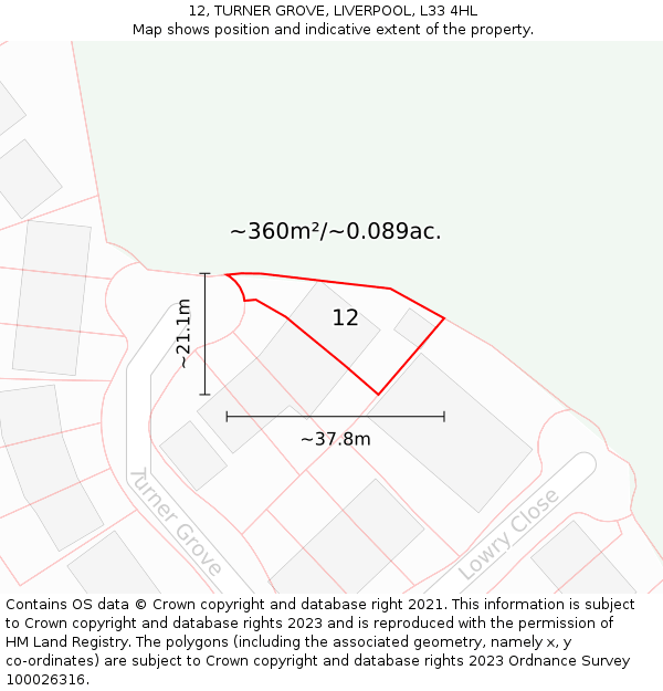 12, TURNER GROVE, LIVERPOOL, L33 4HL: Plot and title map