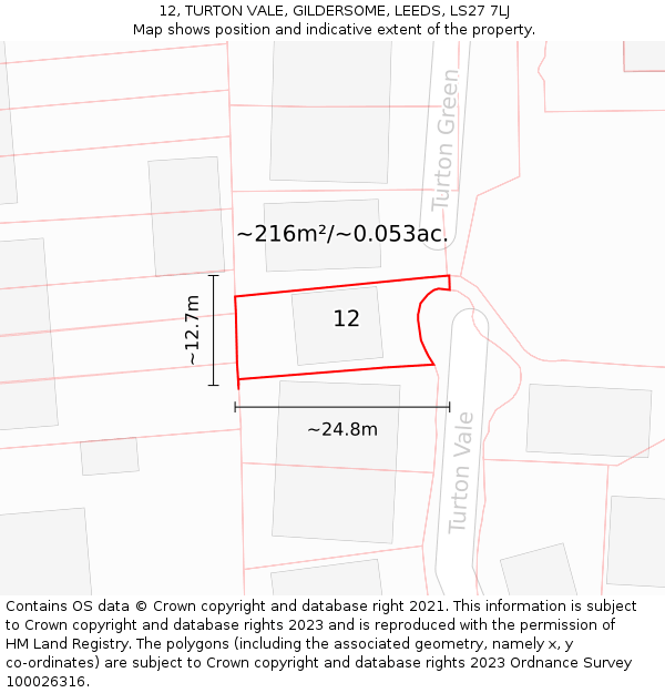 12, TURTON VALE, GILDERSOME, LEEDS, LS27 7LJ: Plot and title map