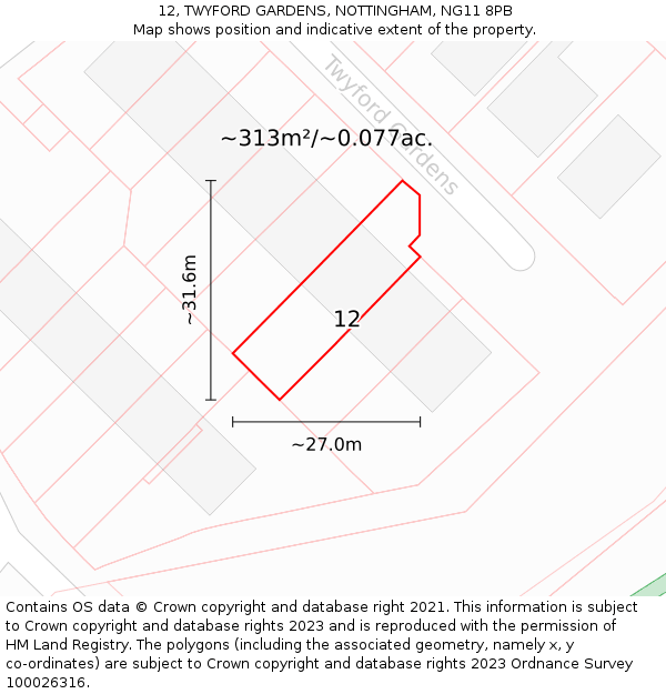 12, TWYFORD GARDENS, NOTTINGHAM, NG11 8PB: Plot and title map