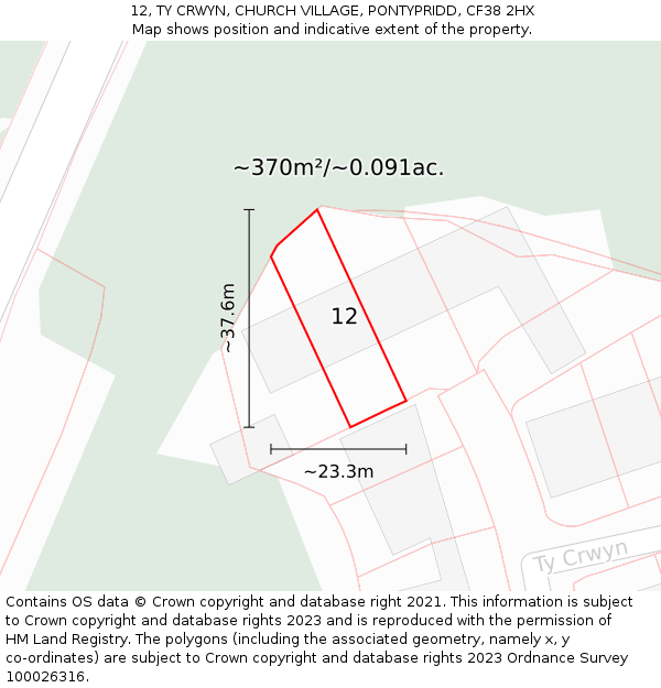 12, TY CRWYN, CHURCH VILLAGE, PONTYPRIDD, CF38 2HX: Plot and title map