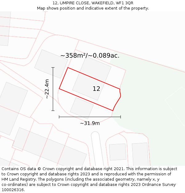 12, UMPIRE CLOSE, WAKEFIELD, WF1 3QR: Plot and title map