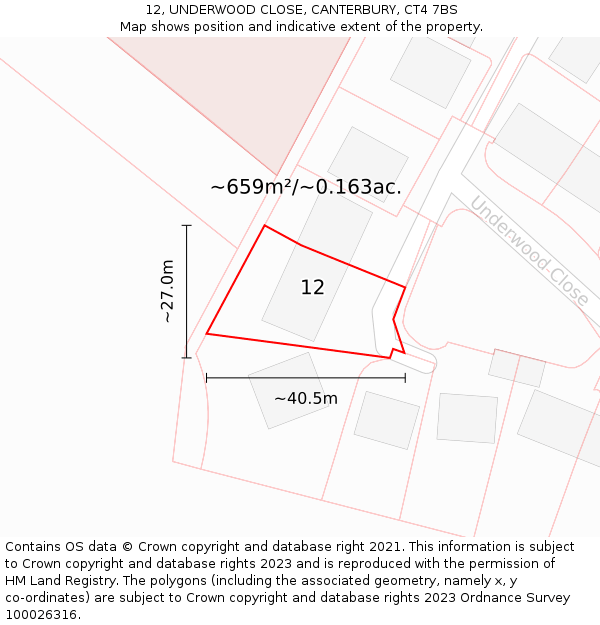 12, UNDERWOOD CLOSE, CANTERBURY, CT4 7BS: Plot and title map