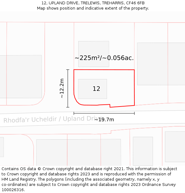 12, UPLAND DRIVE, TRELEWIS, TREHARRIS, CF46 6FB: Plot and title map