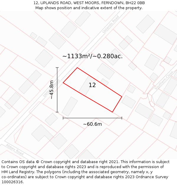 12, UPLANDS ROAD, WEST MOORS, FERNDOWN, BH22 0BB: Plot and title map