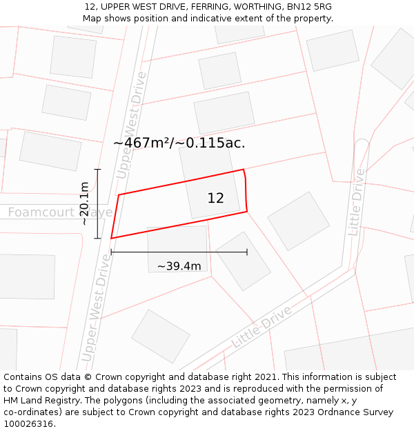 12, UPPER WEST DRIVE, FERRING, WORTHING, BN12 5RG: Plot and title map