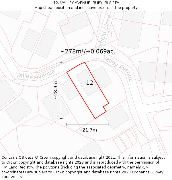 12, VALLEY AVENUE, BURY, BL8 1FA: Plot and title map