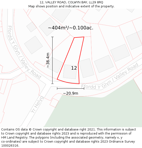 12, VALLEY ROAD, COLWYN BAY, LL29 8RQ: Plot and title map