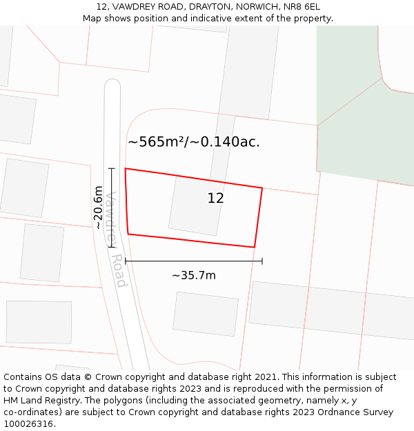 12, VAWDREY ROAD, DRAYTON, NORWICH, NR8 6EL: Plot and title map