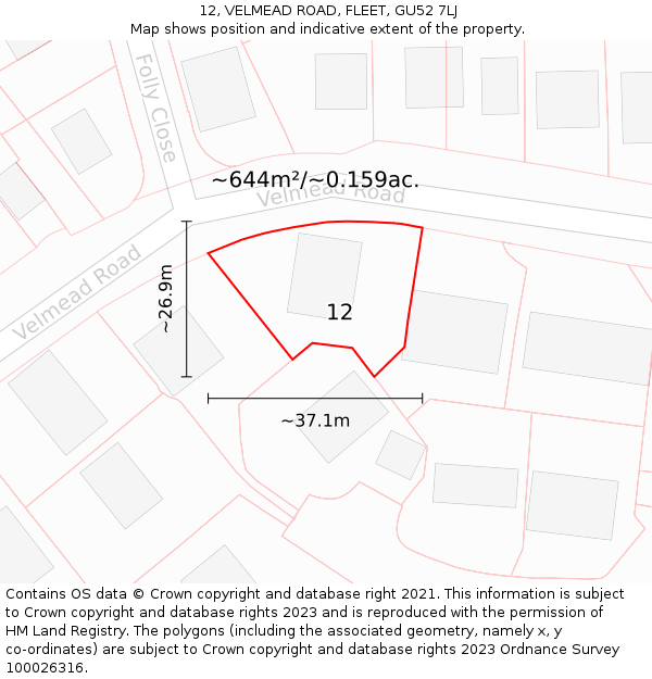 12, VELMEAD ROAD, FLEET, GU52 7LJ: Plot and title map