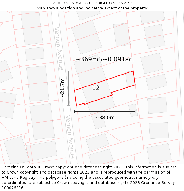 12, VERNON AVENUE, BRIGHTON, BN2 6BF: Plot and title map