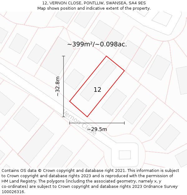 12, VERNON CLOSE, PONTLLIW, SWANSEA, SA4 9ES: Plot and title map