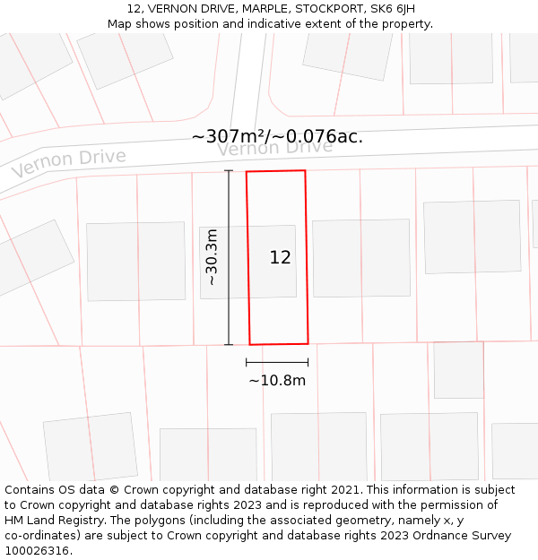 12, VERNON DRIVE, MARPLE, STOCKPORT, SK6 6JH: Plot and title map