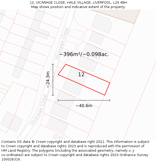 12, VICARAGE CLOSE, HALE VILLAGE, LIVERPOOL, L24 4BH: Plot and title map