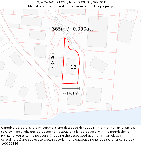 12, VICARAGE CLOSE, MEXBOROUGH, S64 0ND: Plot and title map