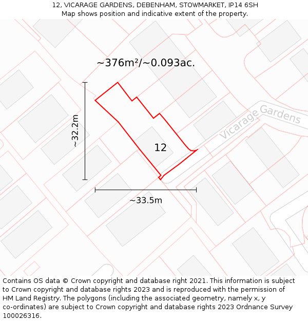 12, VICARAGE GARDENS, DEBENHAM, STOWMARKET, IP14 6SH: Plot and title map