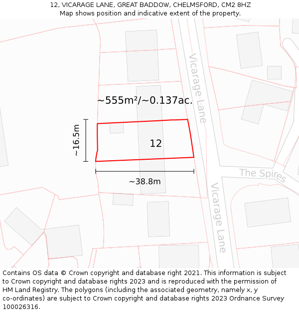 12, VICARAGE LANE, GREAT BADDOW, CHELMSFORD, CM2 8HZ: Plot and title map