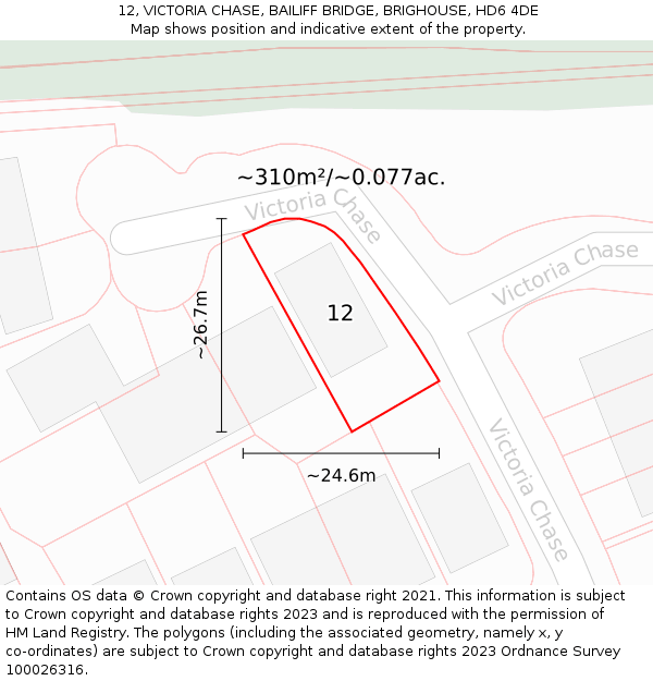 12, VICTORIA CHASE, BAILIFF BRIDGE, BRIGHOUSE, HD6 4DE: Plot and title map