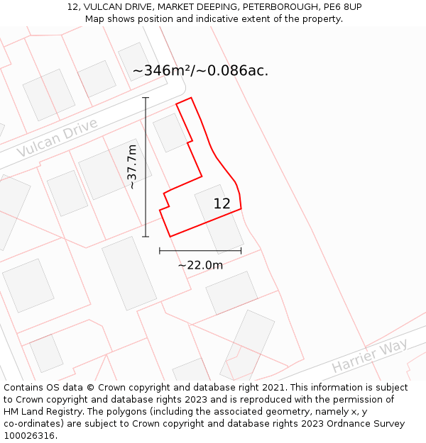 12, VULCAN DRIVE, MARKET DEEPING, PETERBOROUGH, PE6 8UP: Plot and title map