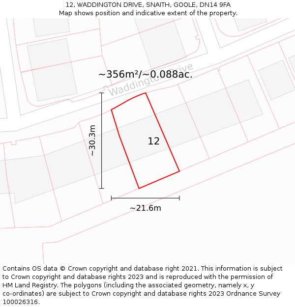 12, WADDINGTON DRIVE, SNAITH, GOOLE, DN14 9FA: Plot and title map