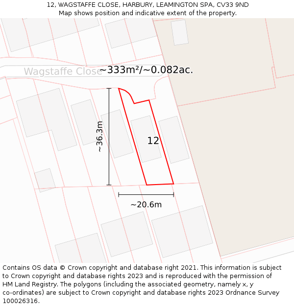 12, WAGSTAFFE CLOSE, HARBURY, LEAMINGTON SPA, CV33 9ND: Plot and title map