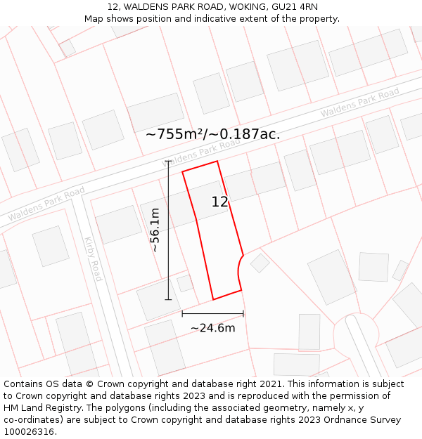 12, WALDENS PARK ROAD, WOKING, GU21 4RN: Plot and title map