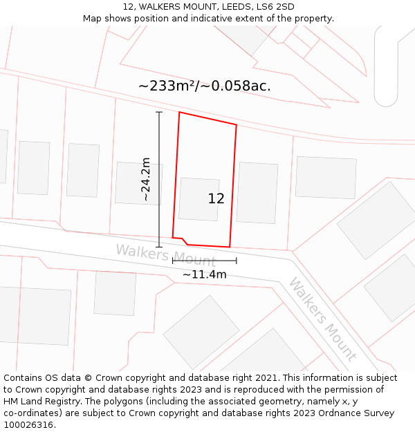 12, WALKERS MOUNT, LEEDS, LS6 2SD: Plot and title map