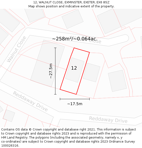 12, WALNUT CLOSE, EXMINSTER, EXETER, EX6 8SZ: Plot and title map